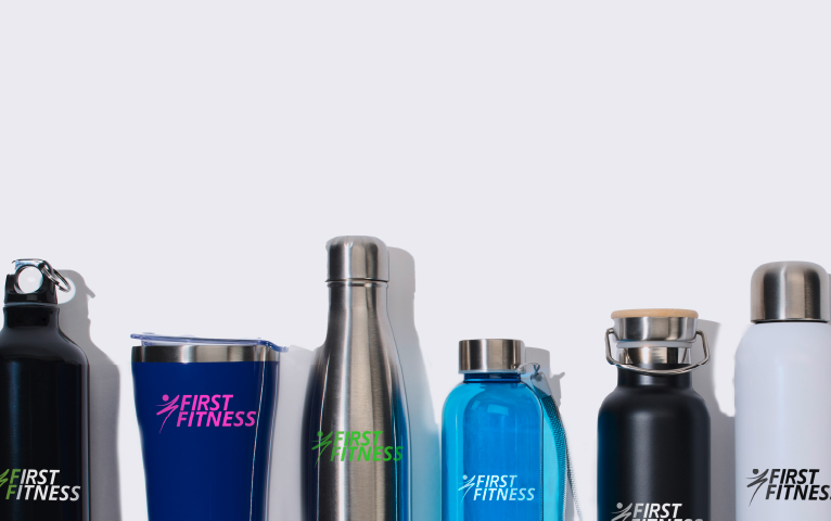 Seven products of drinkware with company name printed in a lineup